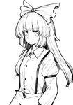  bangs bow buttons closed_mouth collared_shirt commentary_request cowboy_shot eyebrows_visible_through_hair fujiwara_no_mokou greyscale hair_bow juliet_sleeves long_hair long_sleeves looking_at_viewer monochrome oninamako puffy_sleeves shirt simple_background solo suspenders touhou white_background 