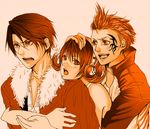  2boys bad_id bad_pixiv_id final_fantasy final_fantasy_viii flipped_hair fur_trim headphones hug hug_from_behind jacket multiple_boys open_mouth scar selphie_tilmitt short_hair soyo_(xxxkagerou) squall_leonhart tattoo zell_dincht 