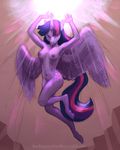  2014 anthro anthrofied biped breasts buckitponydoodles cutie_mark equine feathered_wings feathers female flying friendship_is_magic full-length_portrait horn looking_at_viewer mammal my_little_pony nipples nude portrait raised_arm solo spread_wings twilight_sparkle_(mlp) url winged_unicorn wings 