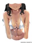  amazima_mangetu artist_name bare_arms bare_shoulders bikini_top black_hair blush breasts cleavage closed_mouth collarbone dark_skin head_out_of_frame long_hair medium_breasts navel original simple_background smile solo stomach upper_body water wet white_background white_bikini_top 