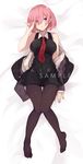  :&lt; adjusting_hair arm_at_side artist_name bad_id bad_pixiv_id bare_arms bare_shoulders bed_sheet black_legwear blush breasts closed_mouth dakimakura dress fate/grand_order fate_(series) full_body hair_over_one_eye hand_up highres jacket large_breasts long_sleeves lying mash_kyrielight medium_breasts necktie no_shoes off_shoulder on_back open_clothes open_jacket pantyhose pink_hair purple_eyes red_neckwear saika_(saika_nyan) sample short_hair sleeveless sleeveless_dress sleeves_past_wrists solo thigh_gap 