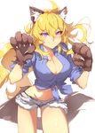  absurdres animal_ears azure-zer0 blonde_hair breasts cleavage commentary denim denim_shorts fang halloween halloween_costume highres large_breasts long_hair navel paws purple_eyes rwby shorts solo wolf_ears yang_xiao_long 
