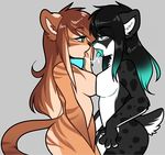  2017 andogg anthro blue_eyes breast_squish breasts breasts_frottage collar eye_contact feline female female/female french_kissing fur grey_background hair hi_res inner_ear_fluff kissing long_hair mammal multicolored_hair nude saber-toothed_cat saliva saliva_string side_boob side_view simple_background spots spotted_fur striped_fur stripes tiger 