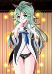  3: aka_kitsune ass_visible_through_thighs black_panties blue_eyes blue_neckwear choker commentary_request detached_sleeves green_hair hair_between_eyes hair_ornament hair_ribbon hairclip kantai_collection long_hair looking_at_viewer navel panties ribbon school_uniform serafuku solo tears underwear yamakaze_(kantai_collection) 