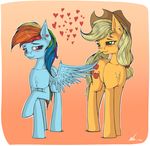  2017 absurd_res applejack_(mlp) blonde_hair blue_feathers blush cutie_mark duo ear_piercing earth_pony equine eyelashes feathered_wings feathers female feral freckles friendship_is_magic gradient_background green_eyes hair hi_res hooves horse long_hair mammal multicolored_hair multicolored_tail my_little_pony neko-me pegasus piercing pink_eyes pony rainbow_dash_(mlp) rainbow_hair rainbow_tail simple_background smile wings 