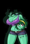  2017 big_breasts black_background breasts cleavage clothed clothing detachable detachable_head female green_hair hair headband hi_res limebreaker looking_at_viewer midriff not_furry red_eyes rottytops shantae_(series) shirt short_hair simple_background skull smile solo tank_top undead v_sign zombie 