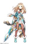  blonde_hair blue_coat blue_footwear brown_legwear canopus_(hoshi_no_girls_odyssey) circlet closed_mouth copyright_name full_body gloves green_eyes hattori_masaki holding holding_sword holding_weapon hoshi_no_girls_odyssey long_hair looking_at_viewer official_art pantyhose shoes simple_background skirt smile solo standing sword weapon white_background white_skirt 