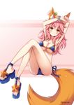  animal_ears armpits arms_up ass bikini blue_bikini breasts cleavage collarbone commentary fate/extra fate_(series) fox_ears fox_tail highres large_breasts long_hair looking_at_viewer nyanya pink_hair sandals side-tie_bikini simple_background sitting smile solo swimsuit tail tamamo_(fate)_(all) tamamo_no_mae_(swimsuit_lancer)_(fate) yellow_eyes 