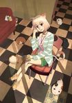  :&lt; :3 animal_ears blonde_hair book cat crossed_arms glasses highres legs lips original pandaun red_eyes revision shoes short_hair shorts sitting smile sneakers solo tail too_many too_many_cats 