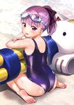  :d ass bangs bare_arms bare_shoulders barefoot beach blue-framed_eyewear blue_swimsuit blush bow day eyebrows_visible_through_hair fate/grand_order fate_(series) feet full_body glint goggles goggles_on_head gun hair_bow helena_blavatsky_(fate/grand_order) helena_blavatsky_(swimsuit_archer)_(fate) looking_back ocean one-piece_swimsuit open_mouth outdoors ponytail purple_bow purple_eyes purple_hair sand school_swimsuit shiny shiny_clothes short_hair smile soles solo swimsuit tareme toes umakuchi_shouyu water weapon wet 
