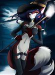  2017 3_tails anthro black_nose blue_eyes breasts canine clothed clothing collar costume dark detailed_background digital_drawing_(artwork) digital_media_(artwork) female fox fur hair half_clothed halloween hat headwear holidays invalid_tag lake legwear looking_at_viewer magic magic_user mammal multi_tail night purple_hair shining smile soft_shading solo standing stockings witch witch_hat wunderknodel 