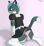  2017 anthro black_fur black_topwear blush bulge butt cat cel_shading clothed clothing crossdressing dipstick_ears dipstick_tail dress feline fully_clothed fur girly green_fur hair legwear looking_back maid_uniform male mammal multicolored_tail pink_nose pink_underwear raised_tail rear_view short_hair simple_background solo stockings teal_eyes teal_hair underwear uniform valty valtykeaton white_armwear white_fur white_legwear 