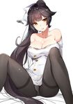  arms_behind_back azur_lane bangs bare_shoulders black_hair black_legwear blunt_bangs blush breasts cleavage collarbone double-breasted dress eyebrows_visible_through_hair hair_ribbon high_ponytail knees_up large_breasts long_hair looking_at_viewer luse_maonang panties panties_under_pantyhose pantyhose pantyshot pantyshot_(sitting) parted_lips ribbon simple_background sitting solo squiggle takao_(azur_lane) thighband_pantyhose torn_clothes torn_dress tsurime underwear upskirt very_long_hair white_background white_dress white_ribbon yellow_eyes 