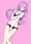  bare_arms bare_legs bare_shoulders black_bra black_panties blush bra breasts closed_mouth colored_eyelashes covering covering_crotch embarrassed hair_between_eyes highres lace lace-trimmed_bra lace-trimmed_panties long_hair looking_at_viewer lying medium_breasts on_back original panties pink_background purple_eyes purple_hair ramuya_(lamb) simple_background solo underwear underwear_only wavy_mouth 