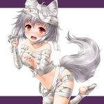  animal_ears bandaged_arm bandaged_head bandaged_leg bandages bangs bare_shoulders blush breasts collarbone commentary_request fang inubashiri_momiji kei_kei looking_at_viewer medium_breasts mummy naked_bandage open_mouth red_eyes silver_hair solo tail touhou white_background wolf_ears wolf_tail 
