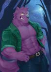  2017 abs anthro belt bernard_(ok_k.o.!_lbh) biceps big_muscles black_nose canine cartoon_network chest_tuft claws clothed clothing fangs fur looking_at_viewer male mammal muscular navel night obliques ok_k.o.!_let&#039;s_be_heroes open_shirt pants pecs purple_fur shirt smile solo sparklebozi standing teeth triceps tuft were werewolf yellow_sclera 