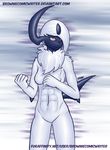  2017 5_fingers abs absol abstract_background anthro blue_theme breasts browniecomicwriter casual_nudity chest_tuft digital_media_(artwork) featureless_breasts featureless_crotch female fist frown fur grey_theme hair hair_over_eye horn mammal muscular muscular_female nintendo nude pok&eacute;mon pok&eacute;mon_(species) portrait red_eyes signature simple_background solo three-quarter_portrait tuft video_games white_fur 
