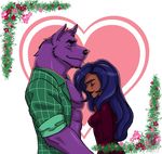  2017 abs anthro bernard_(ok_k.o.!_lbh) big_muscles black_nose canine cartoon_network clothed clothing eyes_closed fehrywolfram female fur hair male mammal muscular ok_k.o.!_let&#039;s_be_heroes open_shirt pecs purple_fur romantic_couple shirt standing vampire were werewolf wilhamena 