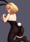  absurdres animal_ears ass black_leotard blonde_hair bunny_ears bunny_tail bunnysuit detached_collar er_se_long from_behind grey_background highres jack-o'-lantern leotard looking_at_viewer open_mouth pantyhose renown_(zhan_jian_shao_nyu) solo strapless strapless_leotard tail wrist_cuffs yellow_eyes zhan_jian_shao_nyu 