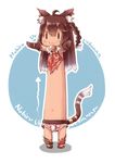  :3 ahoge animal_ears bell blush braid brown_gloves brown_hair cat_ears cat_tail chibi closed_mouth directional_arrow earrings full_body gloves hachimitsucoffee jewelry jingle_bell long_hair longcat outstretched_arms sennen_sensou_aigis shadow short_shorts shorts side_braid single_braid solo standing tail ur_(sennen_sensou_aigis) white_background |_| 