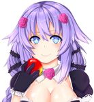  apple bangs blue_eyes blue_hair blush breasts bright_pupils choujigen_game_neptune cleavage close-up closed_mouth cosplay detached_collar eyebrows_visible_through_hair face food fruit gloves hair_between_eyes highres holding holding_food holding_fruit katerina_(rondo_duo) katerina_(rondo_duo)_(cosplay) large_breasts long_hair looking_at_viewer neptune_(series) otxoa60 puffy_short_sleeves puffy_sleeves purple_gloves purple_heart rondo_duo short_sleeves smile solo 