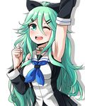  ;d arm_up armpits blue_neckwear choker clenched_hand collarbone commentary_request detached_sleeves green_eyes green_hair hair_between_eyes hair_ornament hair_over_one_eye hair_ribbon hairclip kantai_collection long_hair looking_at_viewer one_eye_closed open_mouth raised_fist ribbon school_uniform serafuku simple_background smile solo white_background yamakaze_(kantai_collection) yong-gok 