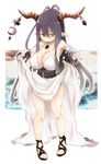  antenna_hair bandaged_arm bandages black_gloves black_hair breasts cleavage closed_mouth danua draph dress fingerless_gloves full_body gloves granblue_fantasy hachimitsucoffee hair_between_eyes horn_ornament horns jewelry jitome large_breasts long_hair looking_at_viewer necklace pointy_ears red_eyes sandals skirt_hold sleeveless sleeveless_dress solo standing very_long_hair white_background white_dress younger 