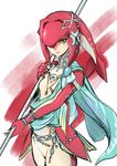  blush breasts commentary fins fish_girl hair_ornament highres jewelry long_hair looking_at_viewer mipha monster_girl multicolored multicolored_skin no_eyebrows red_hair red_skin shimo_(s_kaminaka) small_breasts smile solo the_legend_of_zelda the_legend_of_zelda:_breath_of_the_wild yellow_eyes zora 