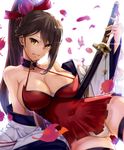  arm_support ass_visible_through_thighs azur_lane bangs bare_shoulders blurry blush breasts brown_hair cleavage collarbone covered_navel depth_of_field dress eyebrows_visible_through_hair falling_leaves flower grin hair_flower hair_ornament hair_ribbon highres katana large_breasts leaf long_hair long_sleeves looking_at_viewer off_shoulder open_clothes panties parted_lips ponytail red_dress red_ribbon ribbon ribbon_trim satou_daiji sheath sheathed short_dress simple_background smile solo sword teeth thigh_strap underwear upskirt very_long_hair weapon white_background white_panties yellow_eyes zuikaku_(azur_lane) 