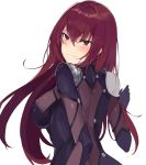  blush bodysuit breasts closed_mouth covered_nipples embarrassed erect_nipples fate/grand_order fate_(series) from_behind hair_between_eyes large_breasts long_hair purple_bodysuit red_eyes red_hair scathach_(fate)_(all) scathach_(fate/grand_order) shoulder_armor simple_background solo spaulders tuxedo_de_cat white_background 