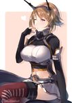  black_jacket blush border breasts brown_hair cosplay elbow_gloves fingerless_gloves gloves green_eyes hairband hand_to_own_mouth headgear heart jacket juurouta kantai_collection large_breasts long_sleeves looking_at_viewer midriff miniskirt mutsu_(kantai_collection) nagato_(kantai_collection) nagato_(kantai_collection)_(cosplay) navel one_eye_closed outside_border pink_background radio_antenna red_legwear remodel_(kantai_collection) short_hair simple_background sitting skirt solo white_border 