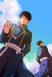  amestris_military_uniform black_eyes black_hair cloud day facing_away from_below frown fullmetal_alchemist hand_in_pocket looking_down maes_hughes male_focus military military_uniform multiple_boys outstretched_hand roy_mustang saka_(724596338) serious shaded_face short_hair sky uniform upper_body 