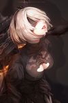  artist_name black_dress black_hairband blindfold breasts chain chin_hold cleavage cleavage_cutout commentary covered_eyes dress feather-trimmed_sleeves feather_trim hair_over_one_eye hairband highres juliet_sleeves large_breasts lipstick long_sleeves makeup mole mole_under_mouth nier_(series) nier_automata open_mouth parted_lips puffy_sleeves red_lips red_lipstick short_hair silver_hair solo_focus sword teeth the_cecile turtleneck weapon weapon_on_back yorha_no._2_type_b 
