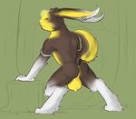  2017 anthro anus balls big_balls brown_fur ear_piercing fur himerosthegod lagomorph looking_back male mammal piercing presenting presenting_anus rabbit simple_background solo var_arden_(himeros) white_fur yellow_fur 