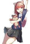  :d animal_ears annie_hastur aquna backpack bag bangs black_skirt blue_shirt blunt_bangs cat_ears collared_shirt cowboy_shot dutch_angle eyebrows_visible_through_hair fake_animal_ears green_eyes hand_up highres holding holding_stuffed_animal league_of_legends multicolored multicolored_eyes open_mouth pleated_skirt red_eyes red_hair shirt short_hair short_sleeves simple_background skirt smile solo standing stuffed_animal stuffed_toy white_background white_shirt wing_collar 