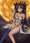  absurdres asymmetrical_legwear asymmetrical_sleeves black_ribbon blue_legwear breasts bridal_gauntlets brown_hair choker cleavage detached_sleeves earrings fate/grand_order fate_(series) full_moon hair_ribbon highres holding ishtar_(fate/grand_order) jewelry kuraka long_hair long_legs looking_at_viewer medium_breasts moon navel ribbon sitting solo stomach strapless thighhighs twintails very_long_hair yellow_eyes 