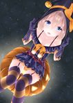  :o belt black_gloves blue_eyes bow brown_hair collarbone garter_straps gloves halloween halloween_costume hands_on_headwear hat hat_bow hat_tug highres looking_at_viewer neptune_(series) orange_bow pumpkin ribbon-trimmed_dress ribbon-trimmed_gloves ribbon_trim rom_(choujigen_game_neptune) shikapiro short_hair shoulder_strap sitting solo striped striped_legwear thighhighs witch witch_hat 