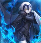  armor armored_dress banner black_dress black_gloves cape chain dress fate/grand_order fate_(series) gauntlets gloves headpiece highres jeanne_d'arc_(alter)_(fate) jeanne_d'arc_(fate)_(all) lips looking_at_viewer magic pantsu_majirou parted_lips short_dress short_hair silver_hair smile solo yellow_eyes 