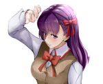  blush bow breasts closed_mouth eyebrows fate/stay_night fate_(series) hair_bow kinpun_(fgxdw447) large_breasts long_hair long_sleeves looking_at_viewer matou_sakura purple_eyes purple_hair red_bow red_ribbon ribbon solo 