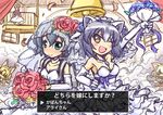  ;d alternate_costume animal_ears arm_up armpits backpack bag bare_shoulders bell black_hair blonde_hair blush bouquet bow bowtie breasts bridal_veil bride brown_eyes cleavage closed_mouth club collarbone commentary_request common_raccoon_(kemono_friends) dragon_quest dragon_quest_v dress elbow_gloves eyebrows_visible_through_hair fennec_(kemono_friends) flower fox_ears geoduck gloves green_eyes grey_hair hair_between_eyes hair_flower hair_ornament hand_on_hip highres holding holding_bouquet holding_weapon indoors jewelry kaban_(kemono_friends) kemono_friends looking_at_viewer medium_breasts multicolored_hair multiple_girls necklace nose_blush one_eye_closed open_mouth outstretched_arm petals raccoon_ears rose sekiguchi_miiru serval_(kemono_friends) serval_ears serval_print shaded_face short_hair smile spiked_club standing strapless strapless_dress translated upper_body user_interface veil weapon wedding_dress white_dress white_gloves white_legwear 