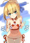  1girl ahoge artoria_pendragon_(all) bare_arms bare_shoulders bikini blonde_hair blue_eyes blush closed_mouth collarbone cosplay cowboy_shot criss-cross_halter fate/grand_order fate_(series) flat_chest frown halterneck jitome looking_at_viewer navel nero_claudius_(fate)_(all) nero_claudius_(swimsuit_caster)_(fate) nero_claudius_(swimsuit_caster)_(fate)_(cosplay) oversized_clothes phandit_thirathon red_bikini red_ribbon ribbon saber short_hair side-tie_bikini solo standing stomach striped striped_bikini swimsuit thigh_gap watermark web_address 
