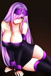  arm_support bare_shoulders blindfold blue_eyes breasts cleavage collarbone commentary cosplay covered_nipples detached_sleeves dress fate/stay_night fate_(series) hair_over_one_eye highres kuro_kitsune kurona_reole large_breasts long_hair original purple_hair rider rider_(cosplay) short_dress sitting smile solo strapless strapless_dress thighhighs tube_dress very_long_hair zettai_ryouiki 