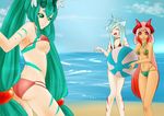  ball beach beachball bikini blue_bikini blue_hair body_markings breasts cassandra closed_eyes copyright_request crease day fox_ears gradient_hair green_eyes green_hair hair_ornament horns jewelry laughing looking_at_viewer medium_breasts multicolored_hair multiple_girls navel neck_ring pink_eyes pink_hair pink_lips red_bikini small_breasts swimsuit water 