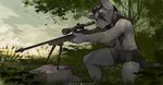  2017 anthro biped boxers_(clothing) clothed clothing cutie_mark detailed_background digital_media_(artwork) equine eyebrows fur grey_bottomwear grey_clothing grey_eyebrows grey_fur grey_hair grey_tail grey_underwear gun hair holding_object holding_weapon horse long_hair male mammal my_little_pony on_one_knee one_eye_closed outside pony ranged_weapon rifle rock signature sniper_rifle solo topless tree underwear weapon zero-sum 