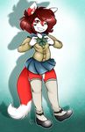  &lt;3 2017 alternate_species anthro auburn_hair black_nose breasts canine cinnamon_swirl clothed clothing dipstick_tail duckdraw female fox fur gradient_background hair inner_ear_fluff knee_socks legwear looking_at_viewer mammal markings miniskirt multicolored_tail red_eyes red_fur school_uniform simple_background skirt small_breasts smile socks solo thigh_highs toothy_grin uniform white_fur 
