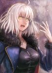  breasts commentary_request fate/grand_order fate_(series) harunatsu_akifumi highres jeanne_d'arc_(alter)_(fate) jeanne_d'arc_(fate)_(all) large_breasts long_sleeves looking_at_viewer nose open_mouth solo white_hair wicked_dragon_witch_ver._shinjuku_1999 yellow_eyes 