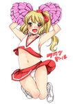  :d absurdres armpits arms_up ass_visible_through_thighs bangs bare_arms bare_shoulders blonde_hair blush bow breasts character_name cheerleader collarbone commentary_request crop_top eyebrows_visible_through_hair eyes_visible_through_hair fang flandre_scarlet full_body groin hair_bow happy highres jumping karasuma_yayoi kneehighs knees_together_feet_apart lace lace-trimmed_panties legs_up long_hair looking_at_viewer medium_breasts miniskirt navel open_mouth panties pantyshot pantyshot_(jumping) pleated_skirt pom_poms raised_eyebrows red_bow red_eyes red_skirt shirt shoes side_ponytail simple_background skirt sleeveless sleeveless_shirt slit_pupils smile sneakers solo stomach sweat thigh_gap touhou underwear v-neck white_background white_footwear white_legwear white_panties 