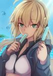  ahoge artoria_pendragon_(all) artoria_pendragon_(swimsuit_archer) blonde_hair blue_sky breasts crop_top day eating eyebrows_visible_through_hair fate/grand_order fate_(series) floating_hair food green_eyes hair_between_eyes highres holding holding_food ice_cream jacket long_hair looking_at_viewer medium_breasts ocean open_clothes open_jacket outdoors ponytail sky solo yuzu_(masami) 