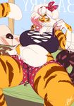  anthro belly_grab big_breasts breasts buxbi buxbi_(character) clothed clothing distracting_watermark doughnut feline female food fur hair half-closed_eyes huge_breasts looking_at_viewer mammal midriff sitting slightly_chubby solo thick_thighs tiger url voluptuous watermark white_hair yellow_eyes 