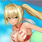  ahoge ball beachball bikini blonde_hair blush breasts criss-cross_halter fate/grand_order fate_(series) green_eyes hair_between_eyes hair_intakes halterneck large_breasts long_hair looking_at_viewer nero_claudius_(fate)_(all) nero_claudius_(swimsuit_caster)_(fate) pantsu_majirou pink_lips smile solo striped striped_bikini swimsuit tan tanline twintails 